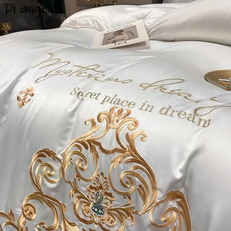 Regal Gold Embrace: exquisito juego de cama de lujo en color blanco con bordados reales