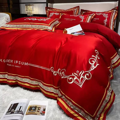 Elegancia oriental roja: juego de cama bordado de lujo con tacto agradable