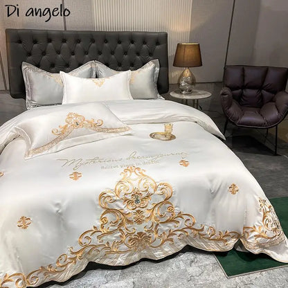 Regal Gold Embrace: exquisito juego de cama de lujo en color blanco con bordados reales