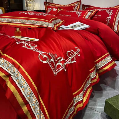 Elegancia oriental roja: juego de cama bordado de lujo con tacto agradable