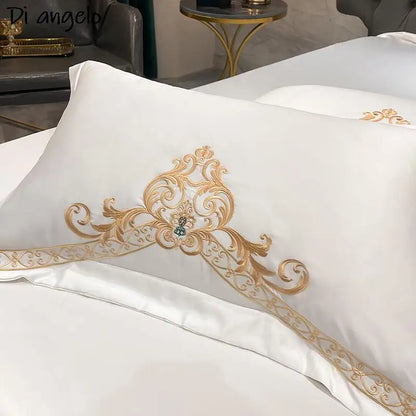 Regal Gold Embrace - Exquisite White Luxury Bedding Set with Royal Embroidery