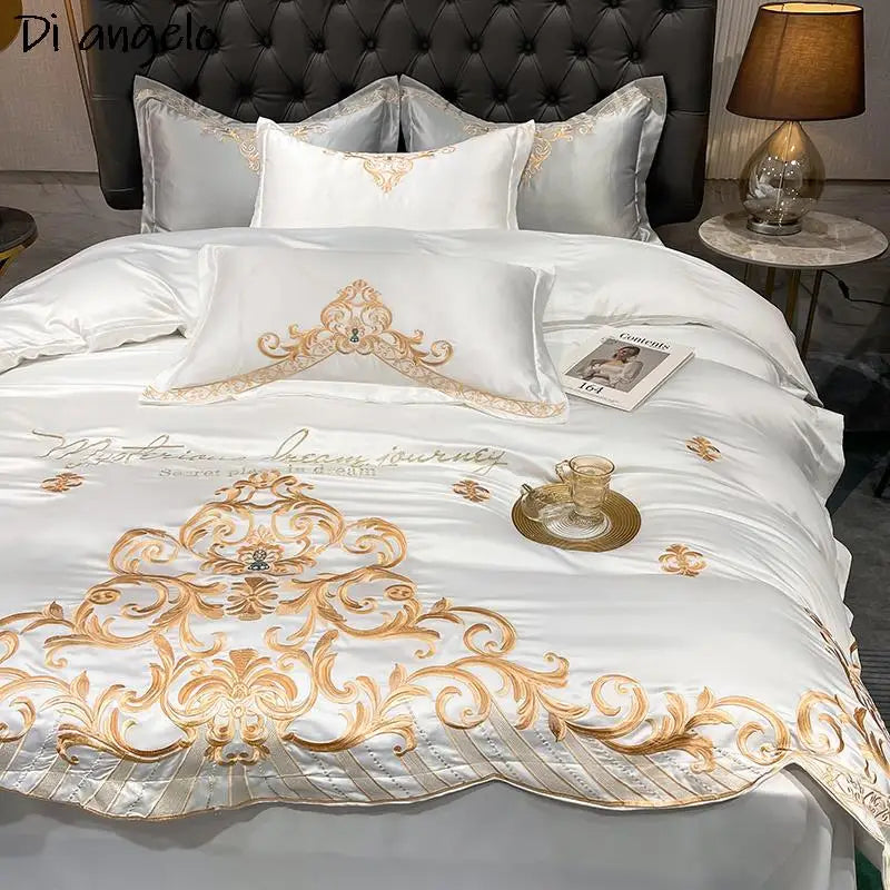 Regal Gold Embrace - Parure de lit de luxe blanche exquise avec broderie royale