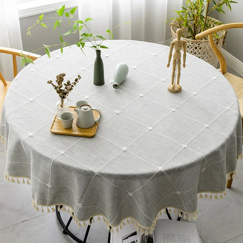 Harmony Checkered Elegance - Nappe ronde en coton et lin