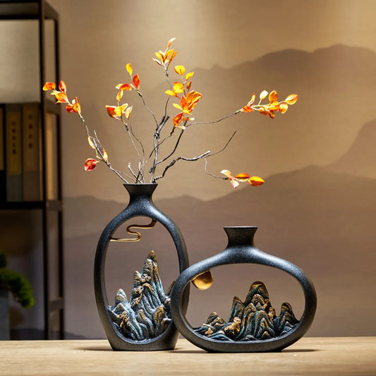 Mountain Majesty - New Chinese Style Resin Scenery Vase